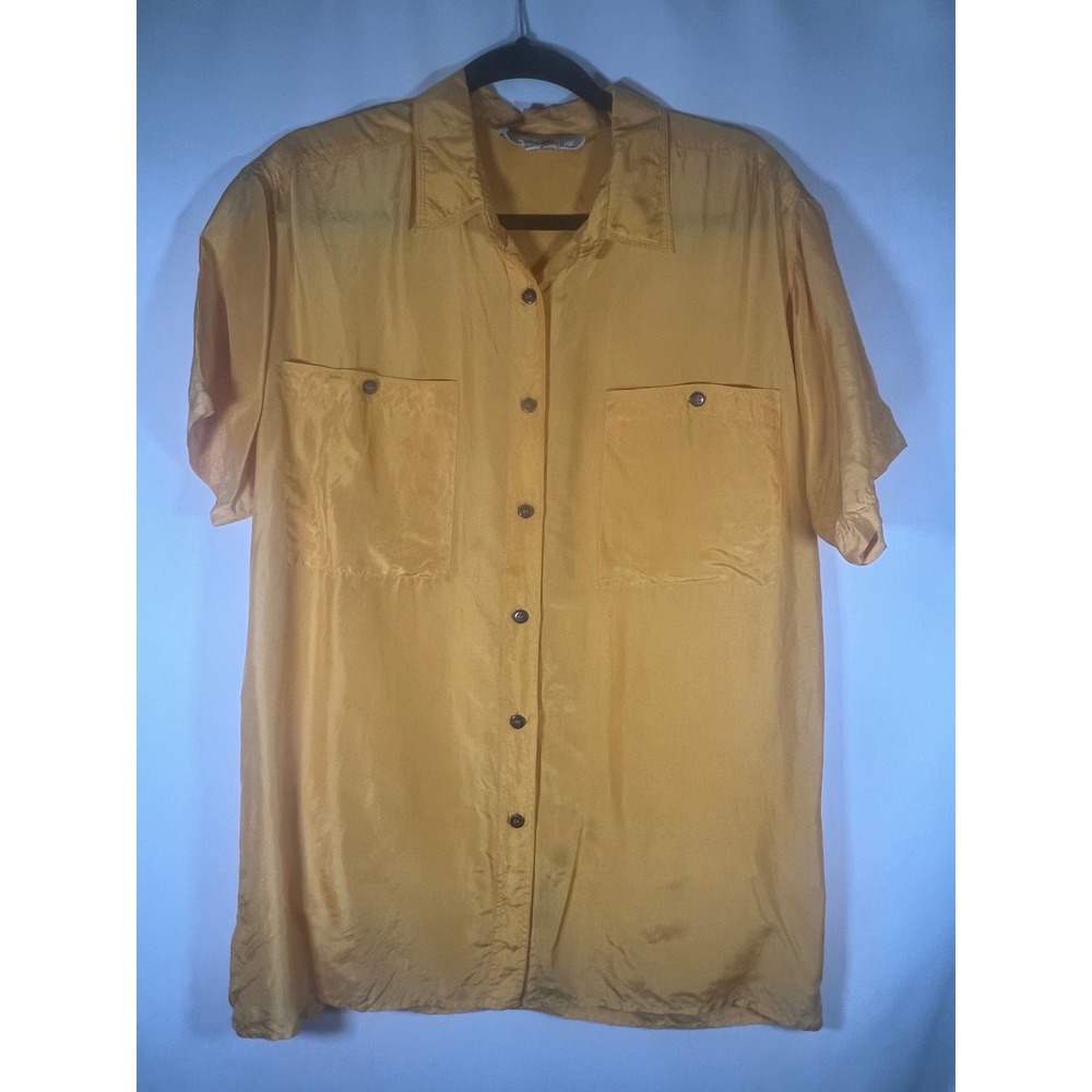 Lauren Brooke Womens Mustard Yellow 100% Silk Short Sleeve Button Down Shirt S